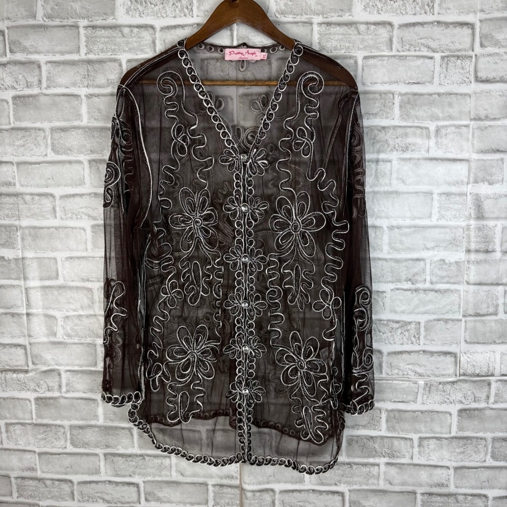 Pretty Angel Brown Sheer Mesh Embroidered Silk Blend Tunic Top XL Boho Crystal